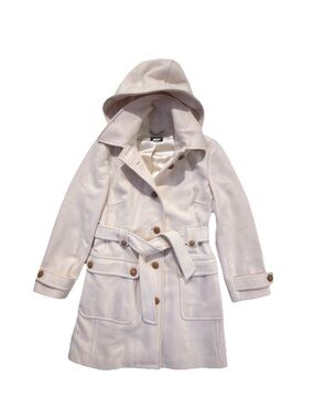 Vintage J.Crew Wool Trench Coat Hooded Cream Ivory Belted Mid-Length Medium M